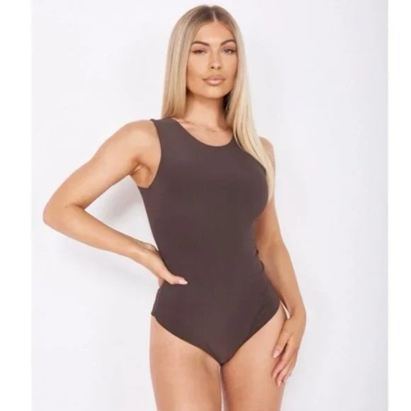 Tops - Brown Sleeveless Bodycon Bodysuit Top Leotard